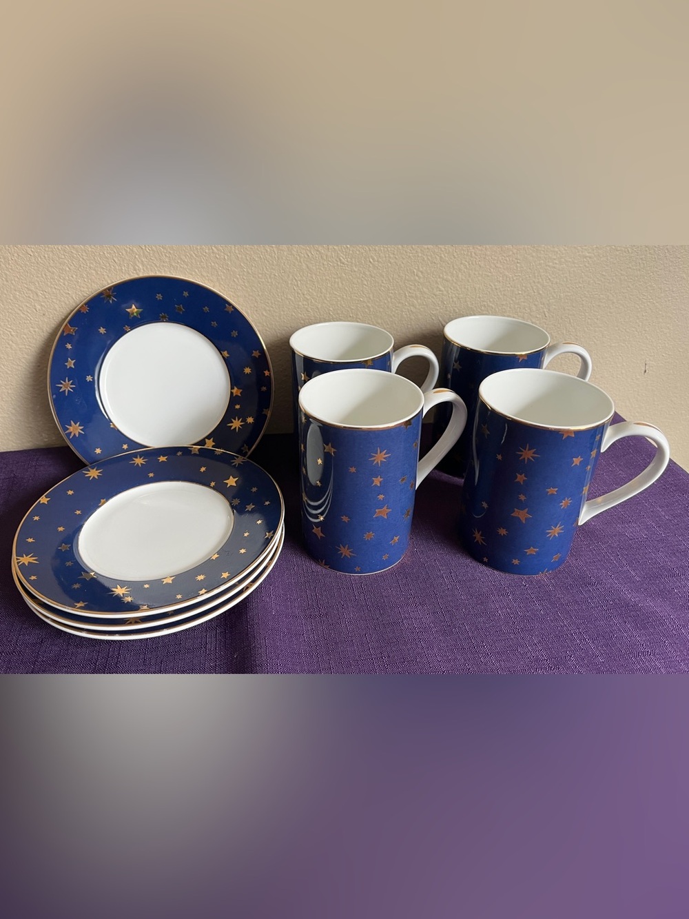 Sakura Galaxy Blue Gold Star Porcelain Cup & Saucer Eight-Piece Set